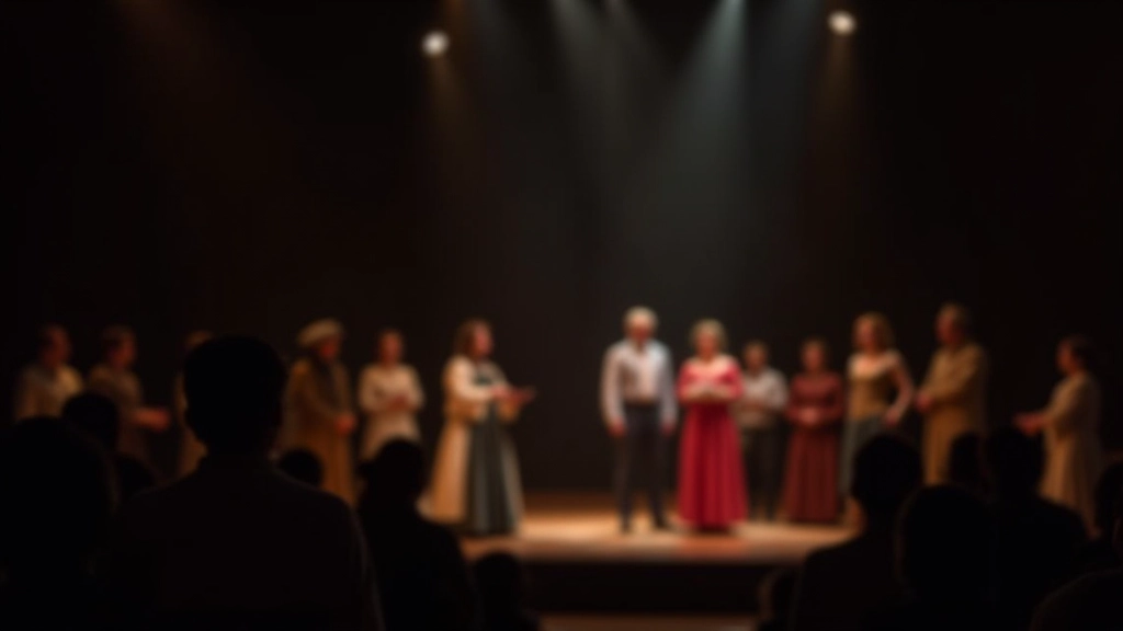 Actors on stage in dramatic lighting during theatrical performance, wearing period costumes, mid-scene interaction