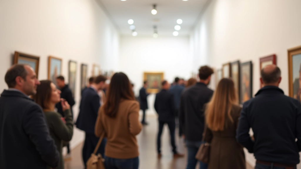 Art gallery opening reception with visitors examining artwork on white walls, natural gallery lighting