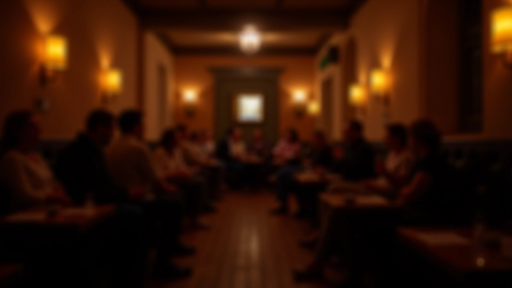 Intimate cultural venue with warm lighting, exposed brick walls, people enjoying an event together in background