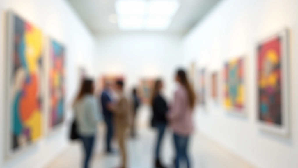 Gallery visitors examining contemporary abstract artwork in bright white gallery space