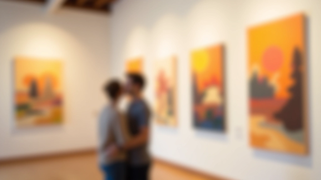 Gallery wall with vibrant abstract paintings in warm colors creating dynamic composition