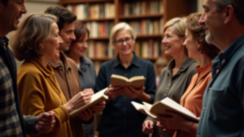 Group of people standing together after poetry event, smiling and conversing, holding programs and books