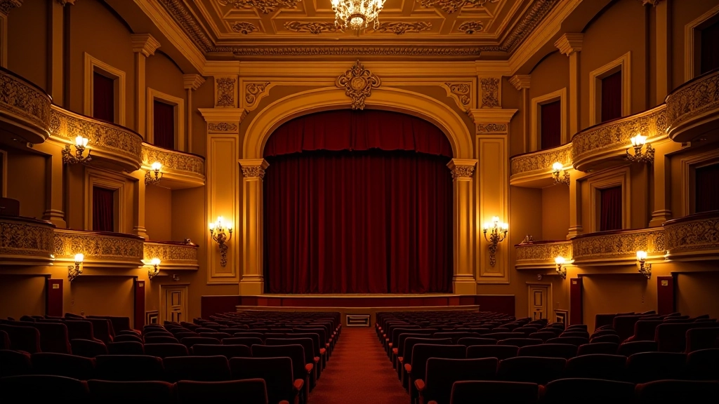 Historic Portuguese theatre with ornate golden details and warm amber lighting, audience seating visible