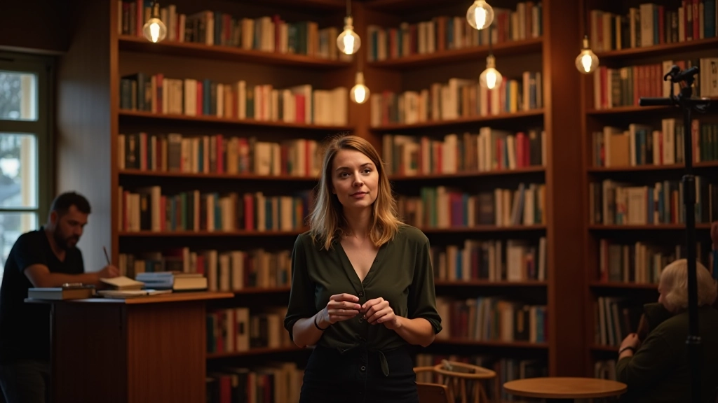Interior of independent bookstore with high shelves, warm lighting, small stage area with microphone and reading stand