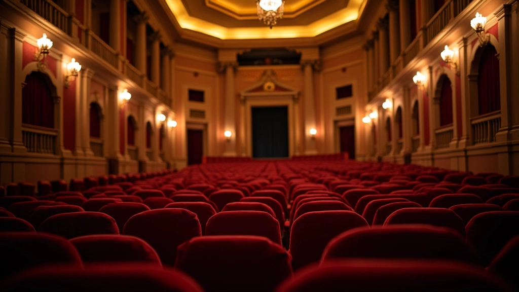 Portuguese theatre audience seated in historic venue with ornate ceiling details and warm lighting