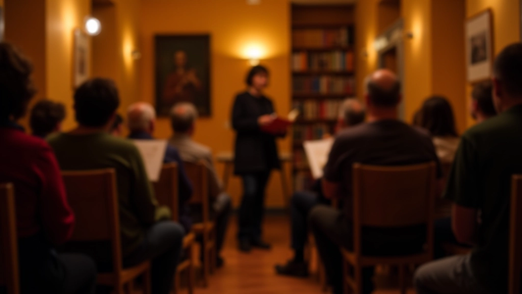 Cozy poetry reading venue with warm lighting and wooden chairs arranged in intimate circle, audience members holding programs
