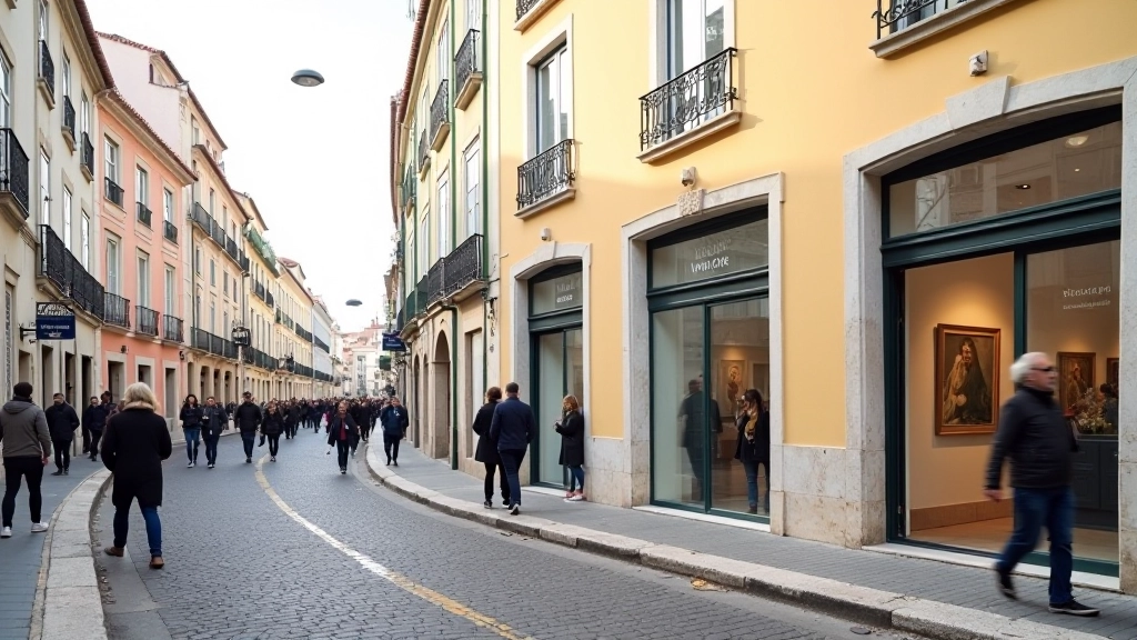 Lisbon street scene with historic buildings and gallery storefront entrance
