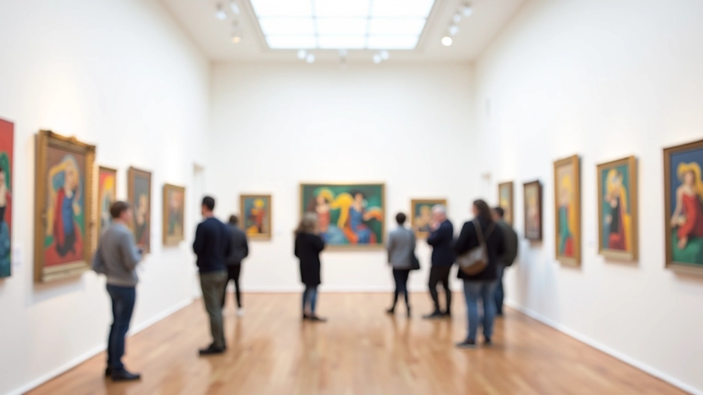 Contemporary art gallery with white walls displaying colorful abstract paintings and sculptures