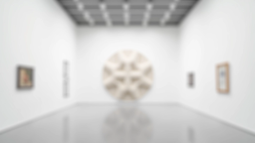 Minimalist white gallery space with large-scale geometric installation art piece