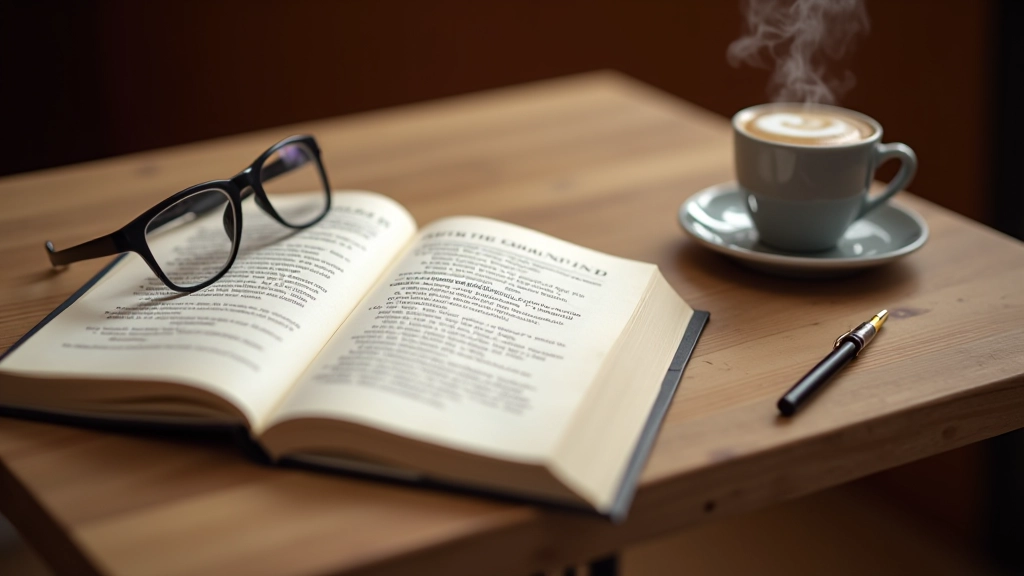 Open book on wooden table with reading glasses, coffee cup and small notebook nearby, warm ambient lighting