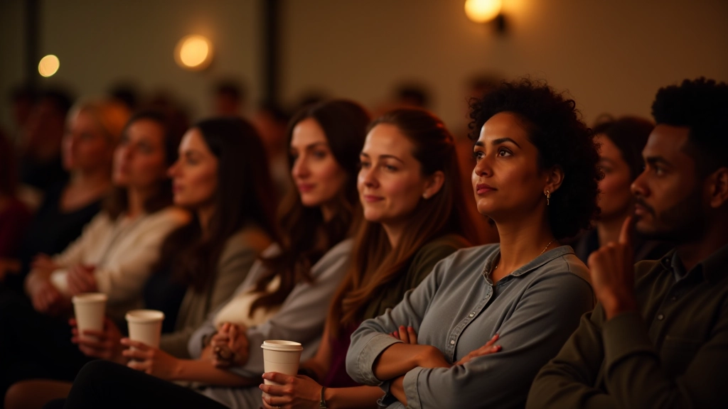 Audience members listening intently to poet reading from podium, faces showing concentration and engagement