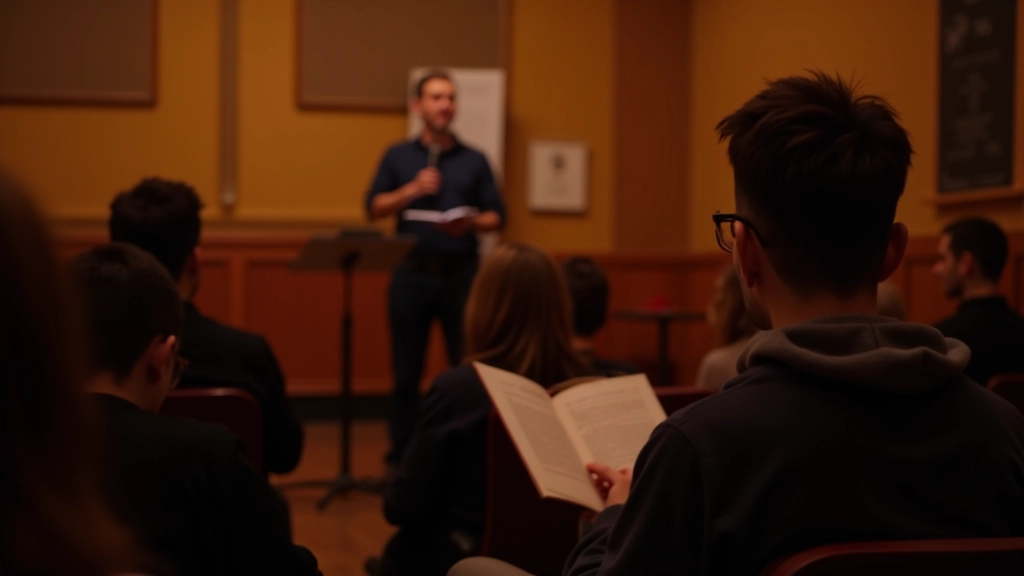 Poetry reading event with audience seated listening to performer at microphone in intimate venue setting