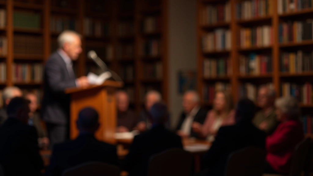 Poetry reading event with author at podium and audience members seated in intimate venue setting