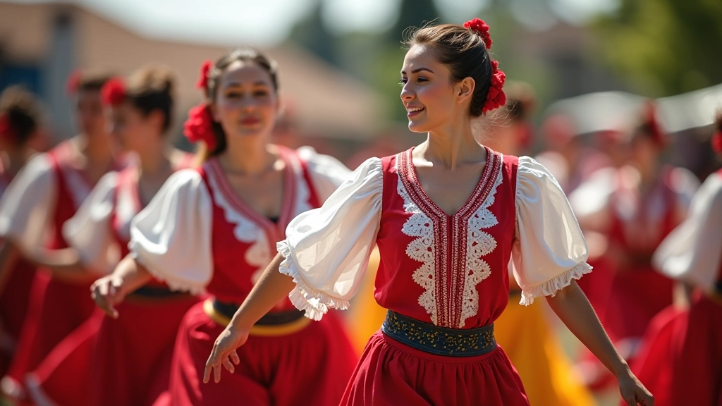 Traditional Portuguese folk dancers in colorful costumes performing at a spring festival celebration