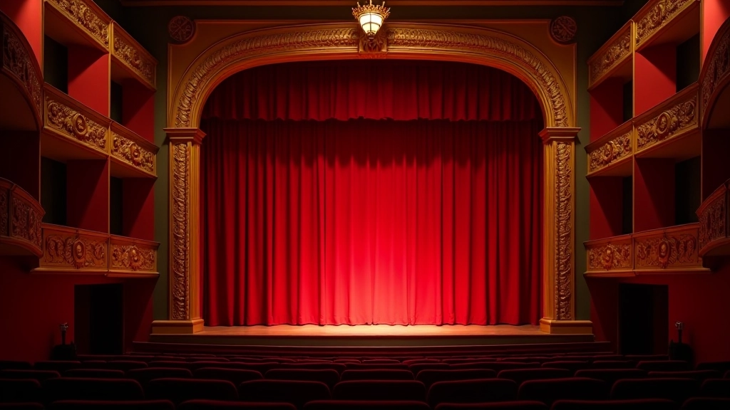 Historic Portuguese theatre stage with red curtains and ornate golden details, spotlight illuminating center stage