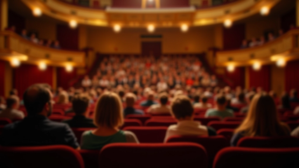 Theatre audience seated in ornate auditorium with golden balconies and warm amber lighting, watching performance